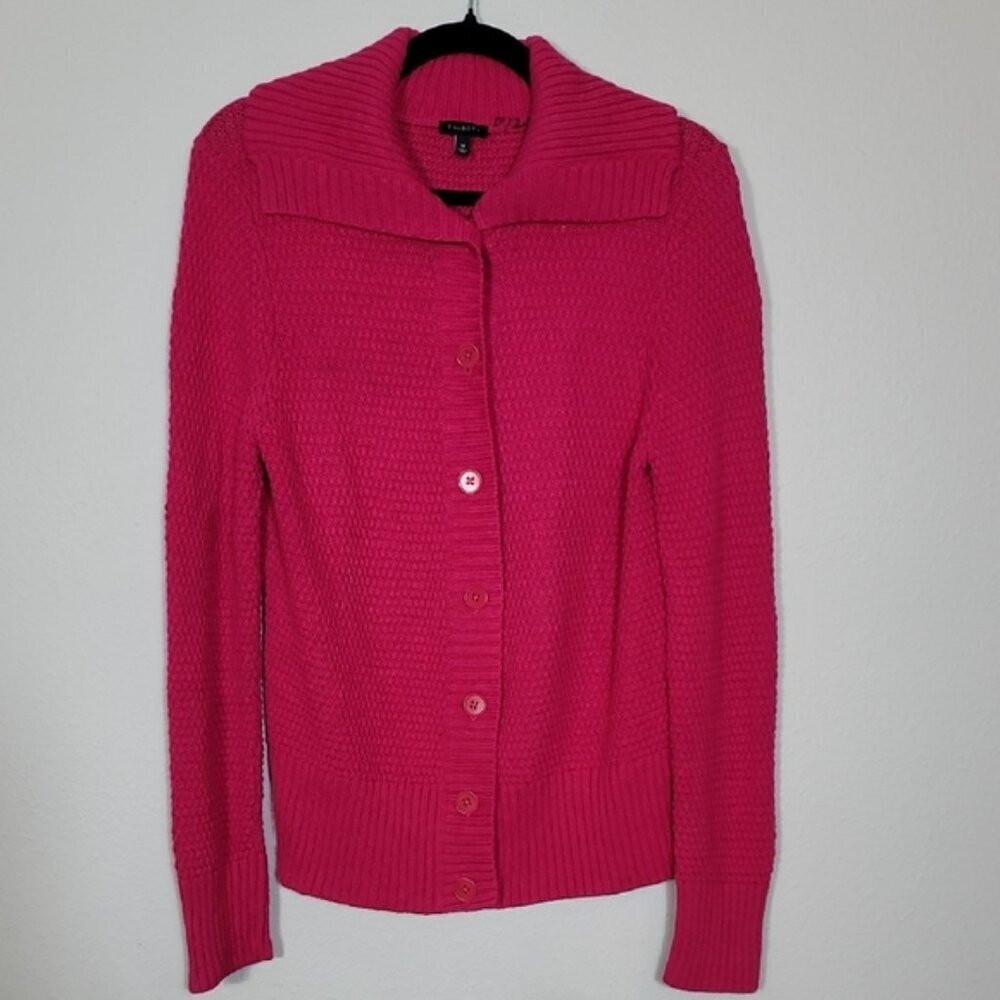Talbots Chunky Knit Button Up Cardigan Size M Pink Johnny Collar Wool Blend